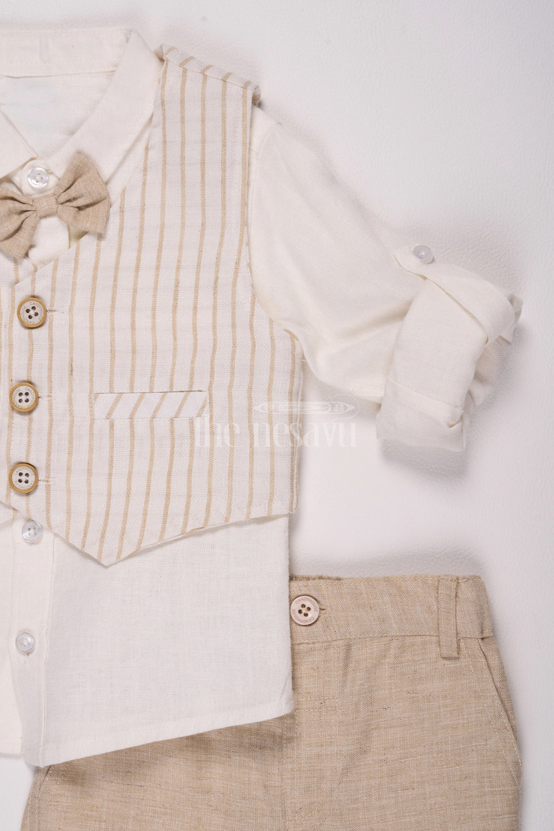 The Nesavu Boys Casual Set Beige Boys Waistcoat and Pant Set with Striped Shirt Nesavu Beige Boys' Waistcoat and Pant Set with Striped Shirt - Nesavu