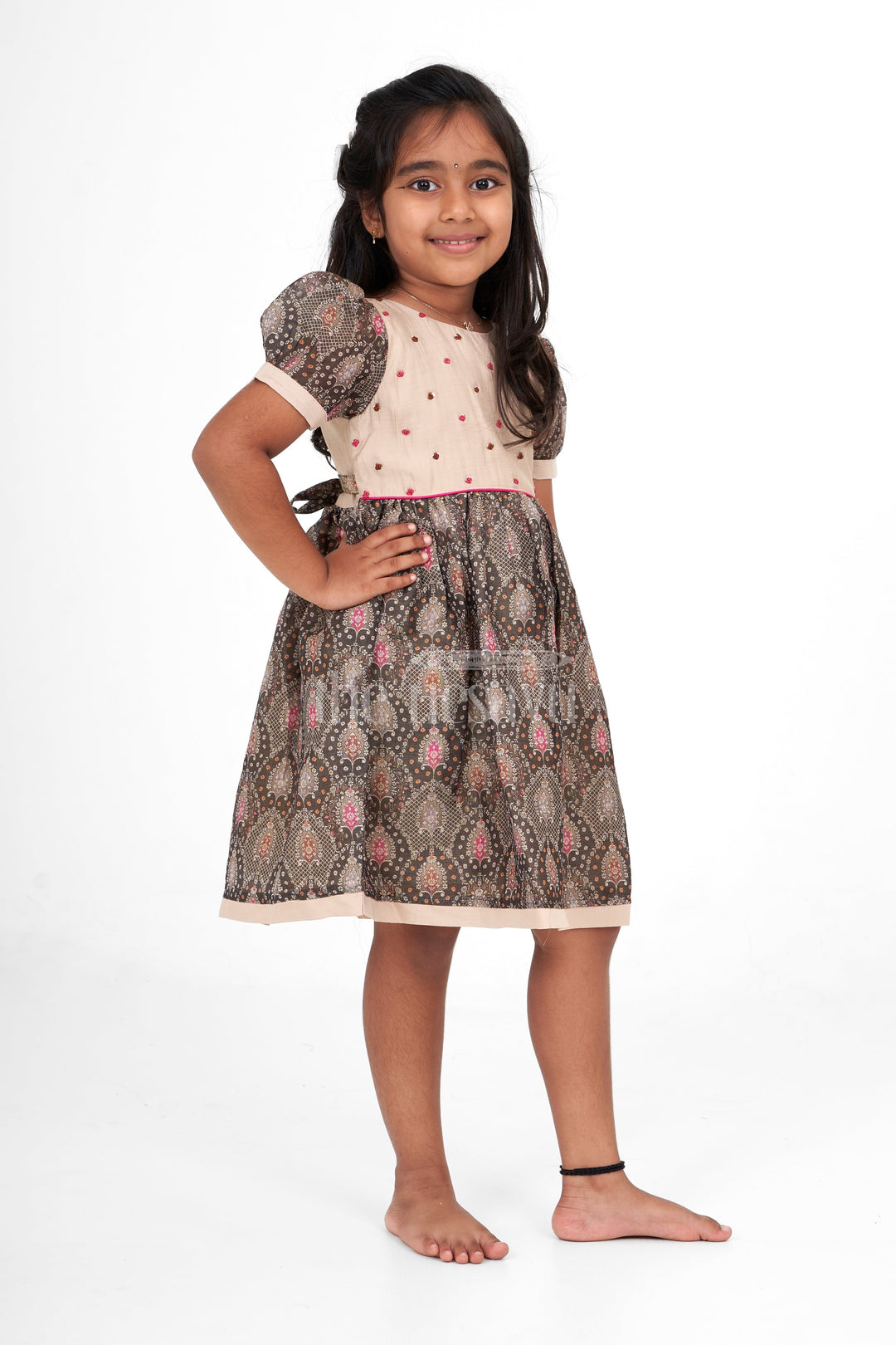 The Nesavu Girls Cotton Frock Beige Chanderi Printed Girls Cotton Frock with Floral Embroidery – Traditional Pattu Long Frock Nesavu Beige Chanderi Printed Girls Cotton Frock Floral Embroidery Traditional Pattu Long Frock Nesavu