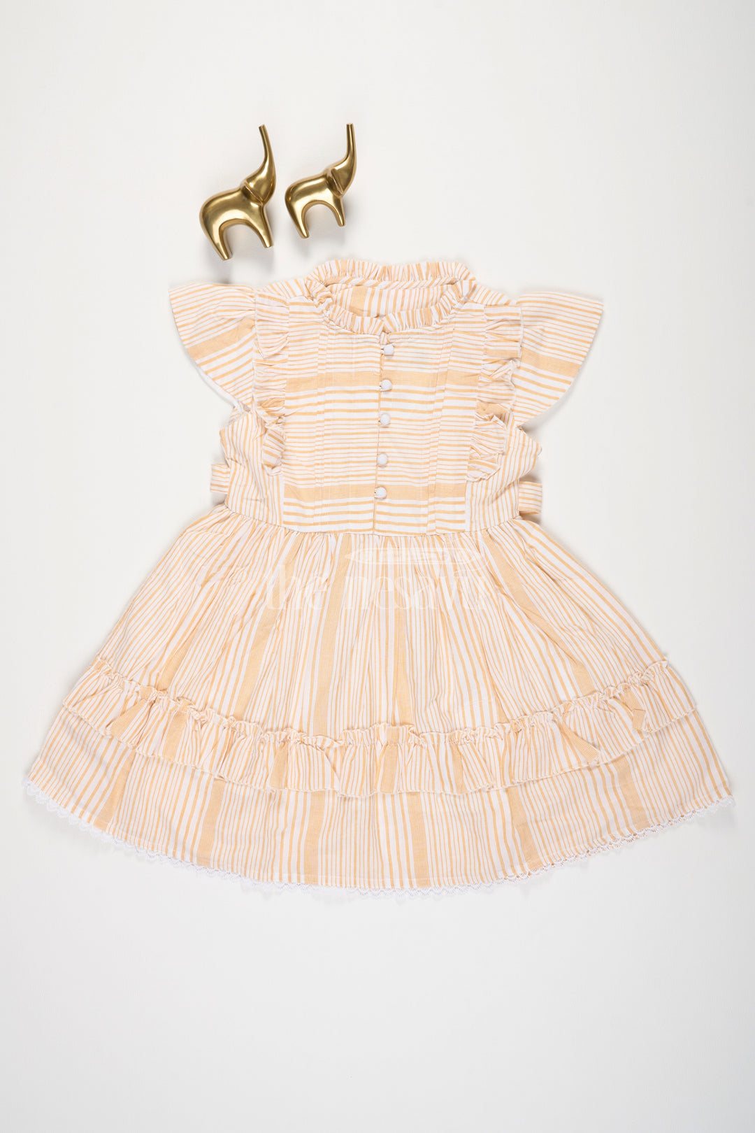 The Nesavu Girls Cotton Frock Beige Cotton Frock with Stripes and Pleats for Girls Nesavu 20 (3Y) / Beige GFC1389B-20 Beige Cotton Frock with Stripes and Pleats for Girls Nesavu