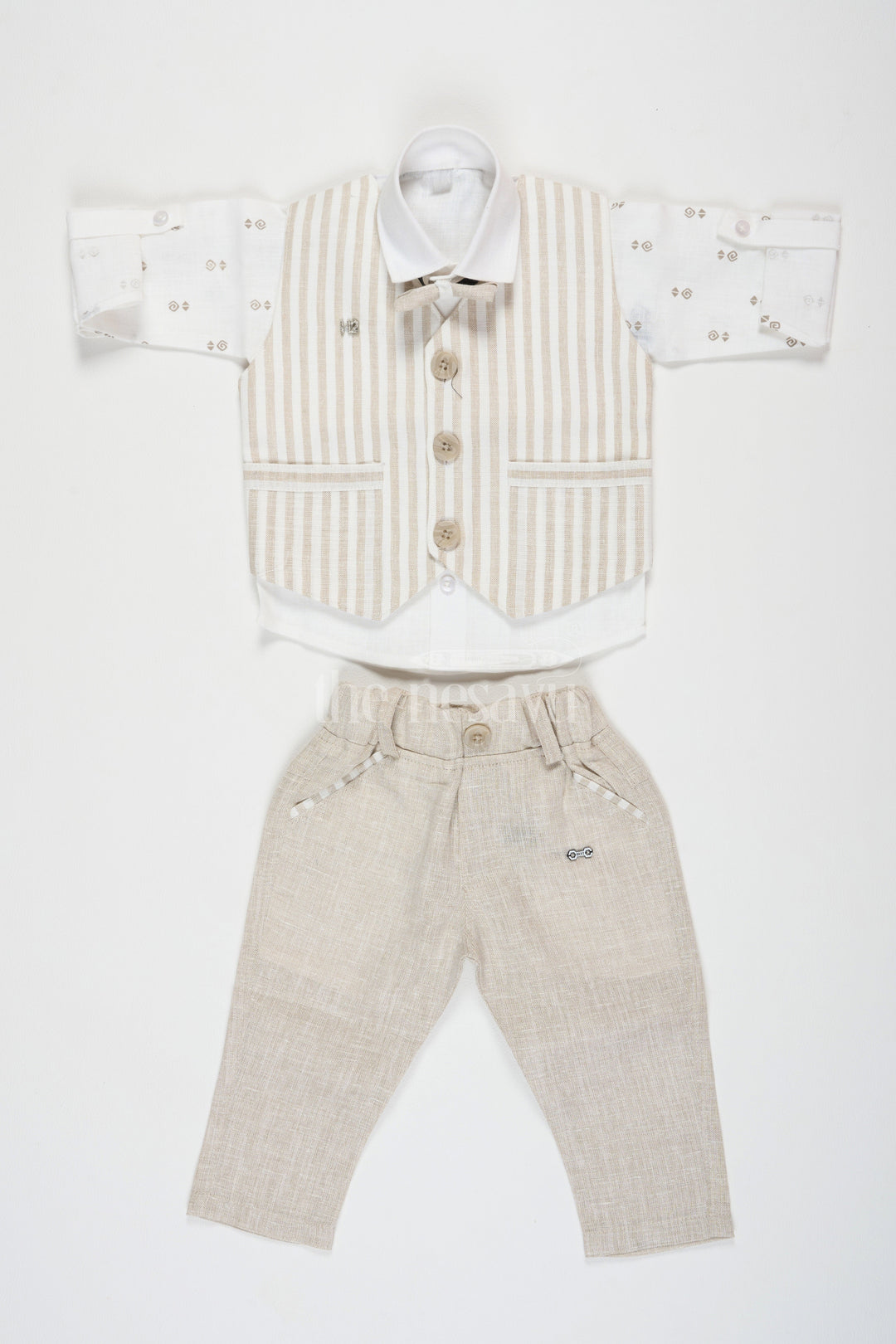 The Nesavu Boys Jacket Sets Beige Cotton Linen Boys 3Piece Set with Bow Tie Nesavu Beige Cotton Linen Boys 3-Piece Set with Bow Tie - Nesavu