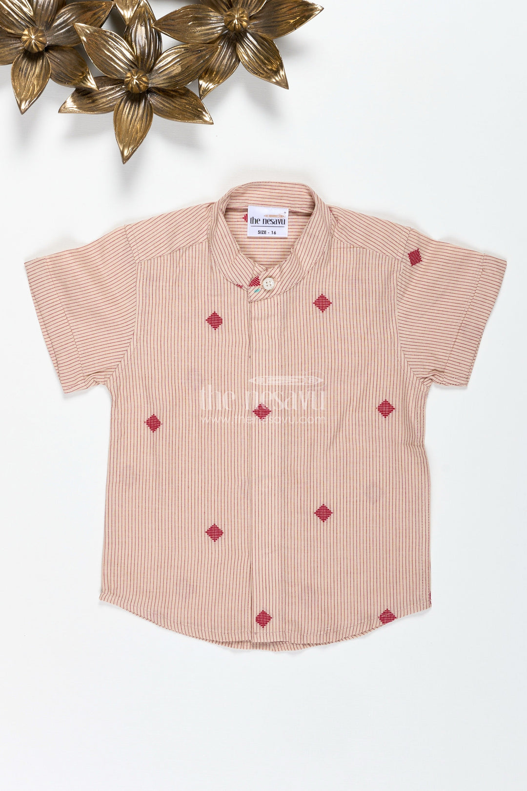 The Nesavu Boys Cotton Shirt Beige Cotton Striped Shirt for Boys with Mandarin Collar Casual Ethnic Wear Nesavu Nesavu Boys Beige Cotton Shirt Stripes Mandarin Collar Ethnic Casual Wear Kids