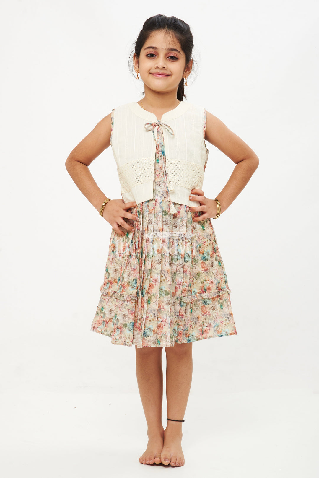 The Nesavu Girls Cotton Frock Beige Designer Sleeveless Floral Cotton Frock with Sequined Jacket Nesavu 22 (4Y) / multicolor GFC1355B-22 Beige Sleeveless Floral Cotton Frock with Sequined Jacket