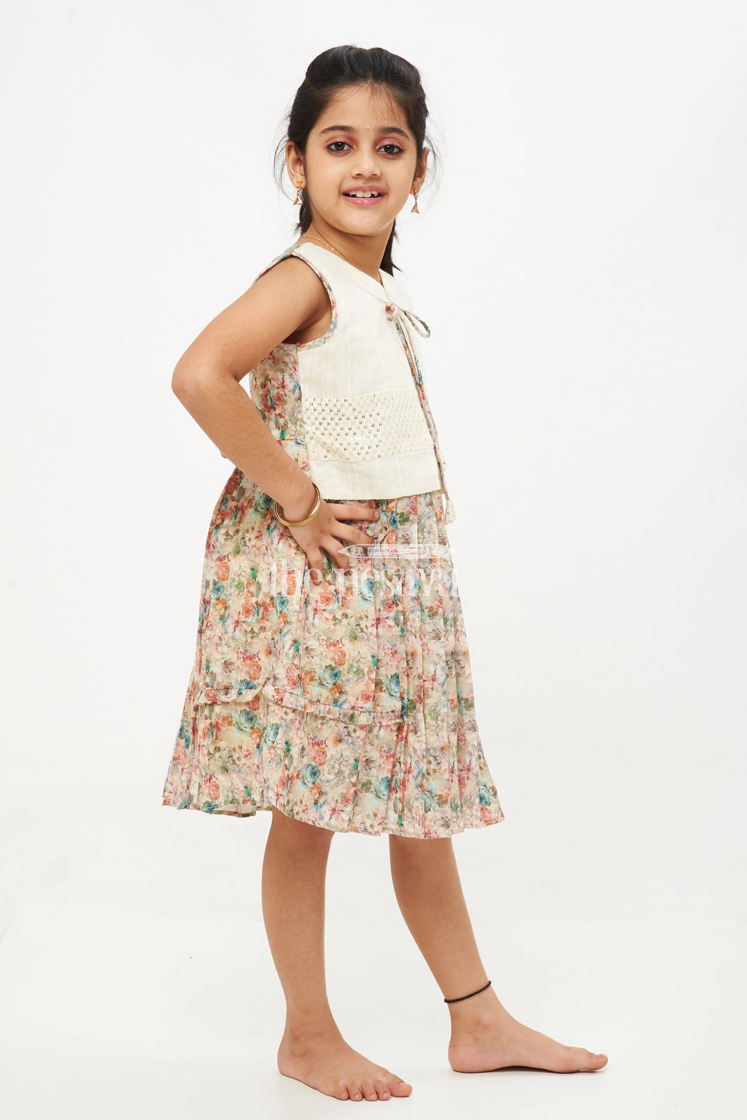 The Nesavu Girls Cotton Frock Beige Designer Sleeveless Floral Cotton Frock with Sequined Jacket Nesavu Beige Sleeveless Floral Cotton Frock with Sequined Jacket