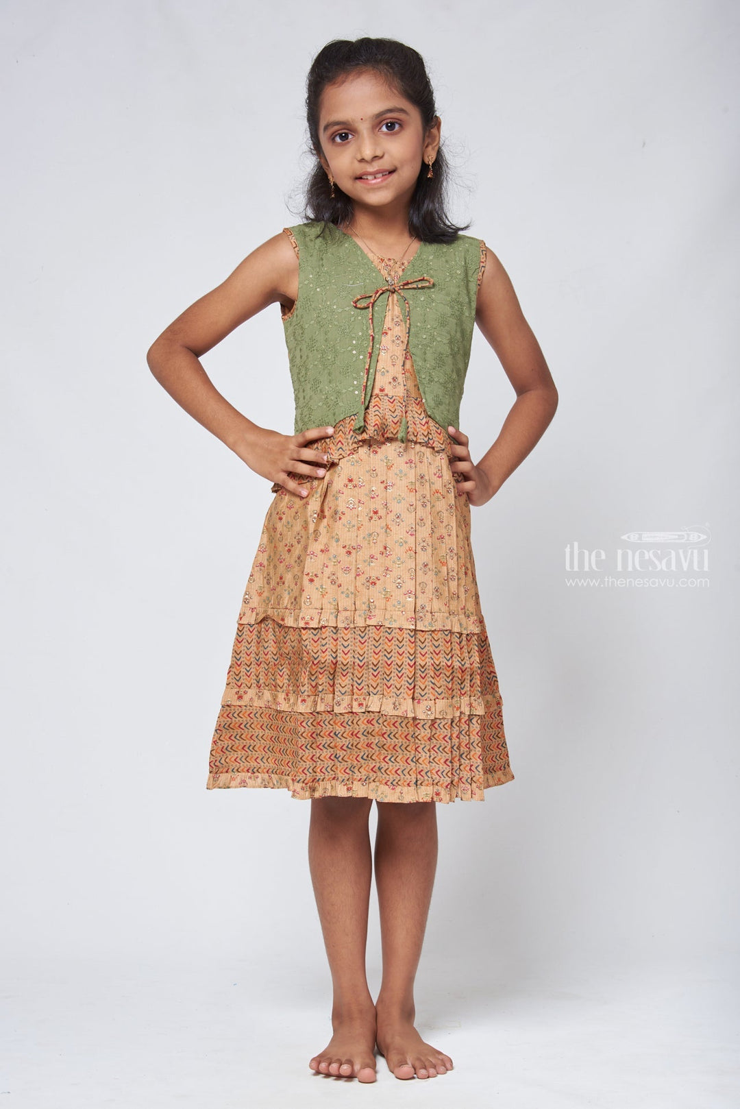 The Nesavu Girls Cotton Frock Beige Geometrical Pleated Cotton Frock with Green Overcoat - Designer Girls Attire Nesavu 22 (4Y) / Beige / Chanderi GFC1107B-22 Cotton Frock Gown | Simple Cotton Frocks Designs | The Nesavu