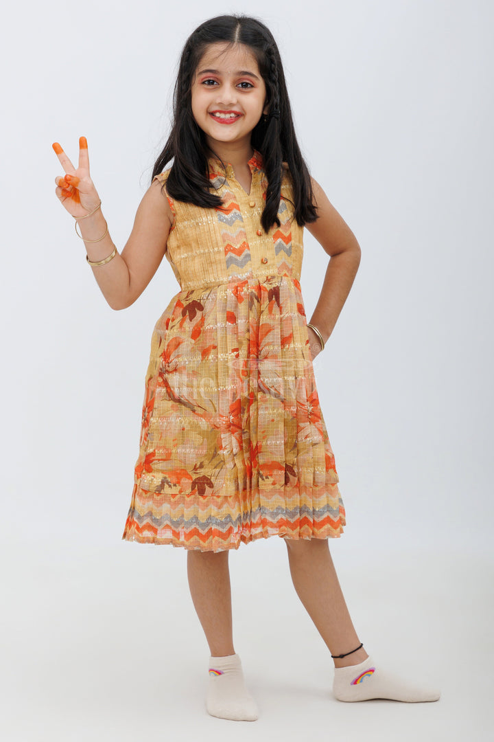 The Nesavu Girls Fancy Frock Beige Kota Blend Silk Frock with Floral and Geometric Print Nesavu 22 (4Y) / Beige GFC1371A-22 Beige Kota Blend Silk Frock with Floral and Geometric Print - Nesavu