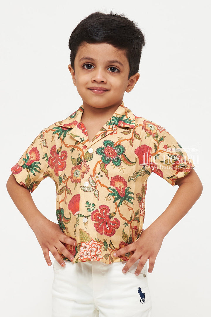 The Nesavu Boys Cotton Shirt Beige Mughal Design Floral Shirt - Perfect for Casual and Beach Wear Nesavu Beige Floral Toddler Shirt | Soft Cotton | Perfect for Casual and Festive Wear