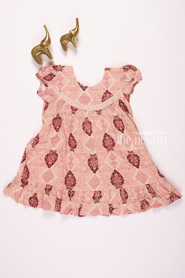 The Nesavu Girls Cotton Frock Beige Printed Cotton Frock for Girls Nesavu 16 (1Y) / Red GFC1337A-16 Beige Printed Cotton Frock for Girls - Comfortable & Stylish