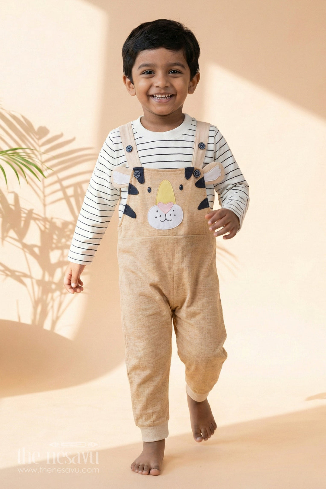 The Nesavu Baby Dungarees Beige Striped Cotton Baby Dungarees with Playful Animal Face for Baby Nesavu 12 (3M) / Beige BCS135A-12 Beige Cotton Baby Dungarees Striped Top Animal Design Nesavu Playful Baby Outfit