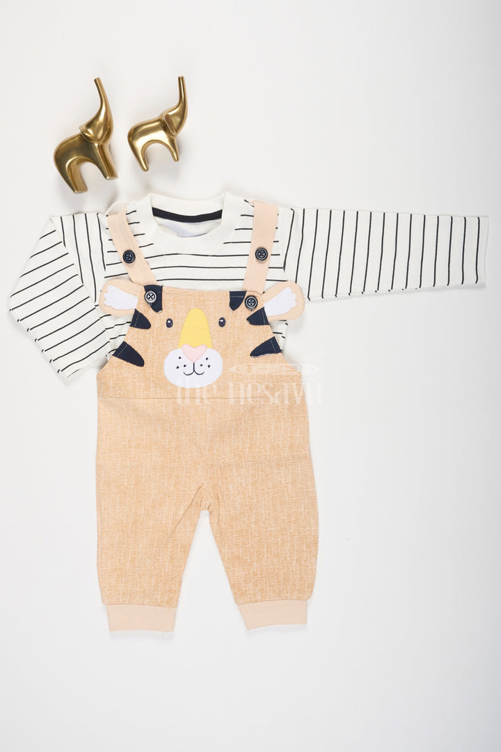 The Nesavu Baby Dungarees Beige Striped Cotton Baby Dungarees with Playful Animal Face for Baby Nesavu 12 (3M) / Beige BCS135A-12 Beige Cotton Baby Dungarees Striped Top Animal Design Nesavu Playful Baby Outfit