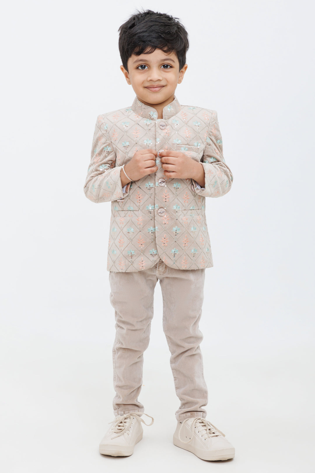 The Nesavu Boys Jacket Sets Beige Velvet Boys Quilted Jacket Set with Corduroy Pants Nesavu 14 (6M) / Beige BES536B-14 Beige Boys Quilted Jacket Set Corduroy Pants Festive Formal Occasions