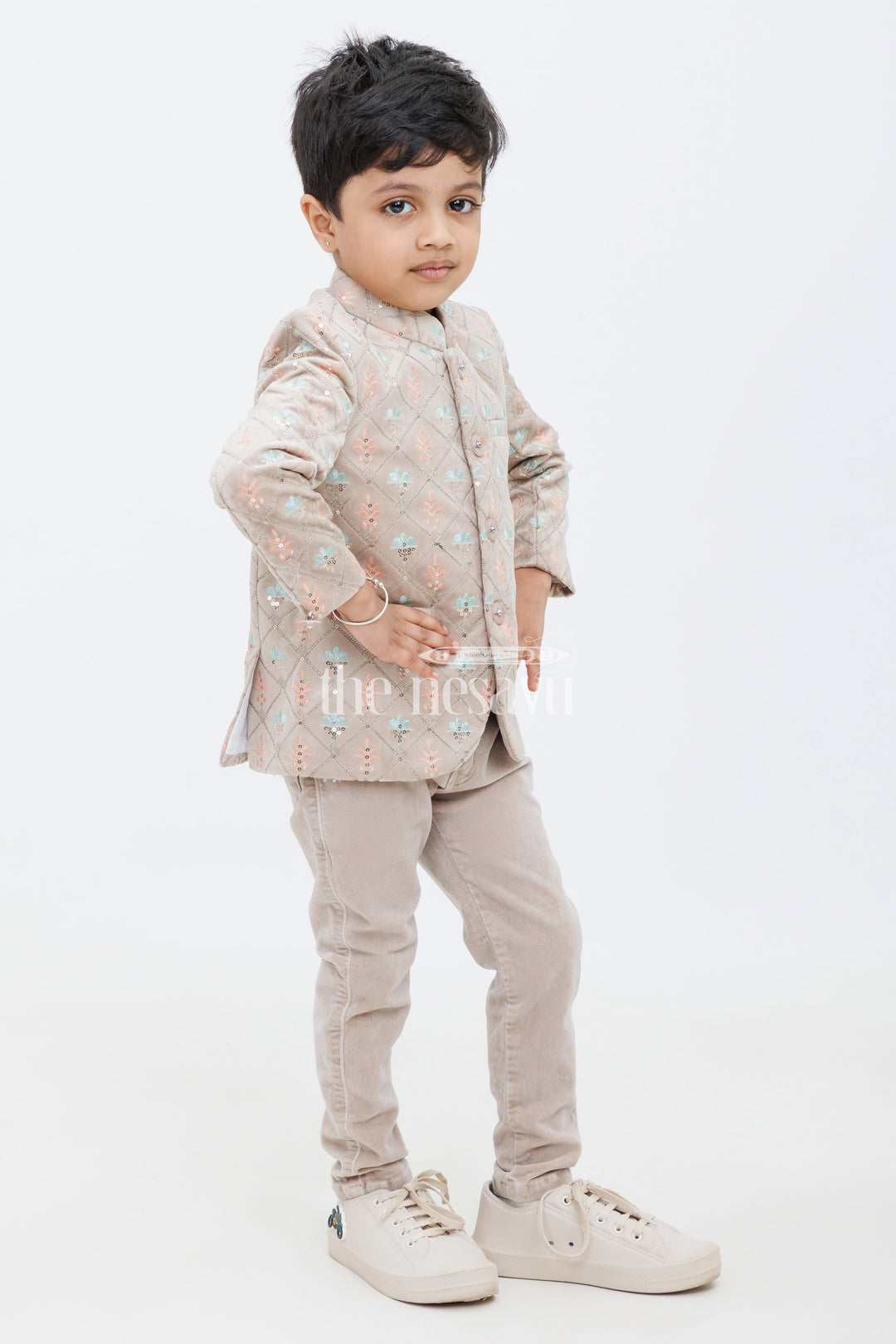 The Nesavu Boys Jacket Sets Beige Velvet Boys Quilted Jacket Set with Corduroy Pants Nesavu Beige Boys Quilted Jacket Set Corduroy Pants Festive Formal Occasions