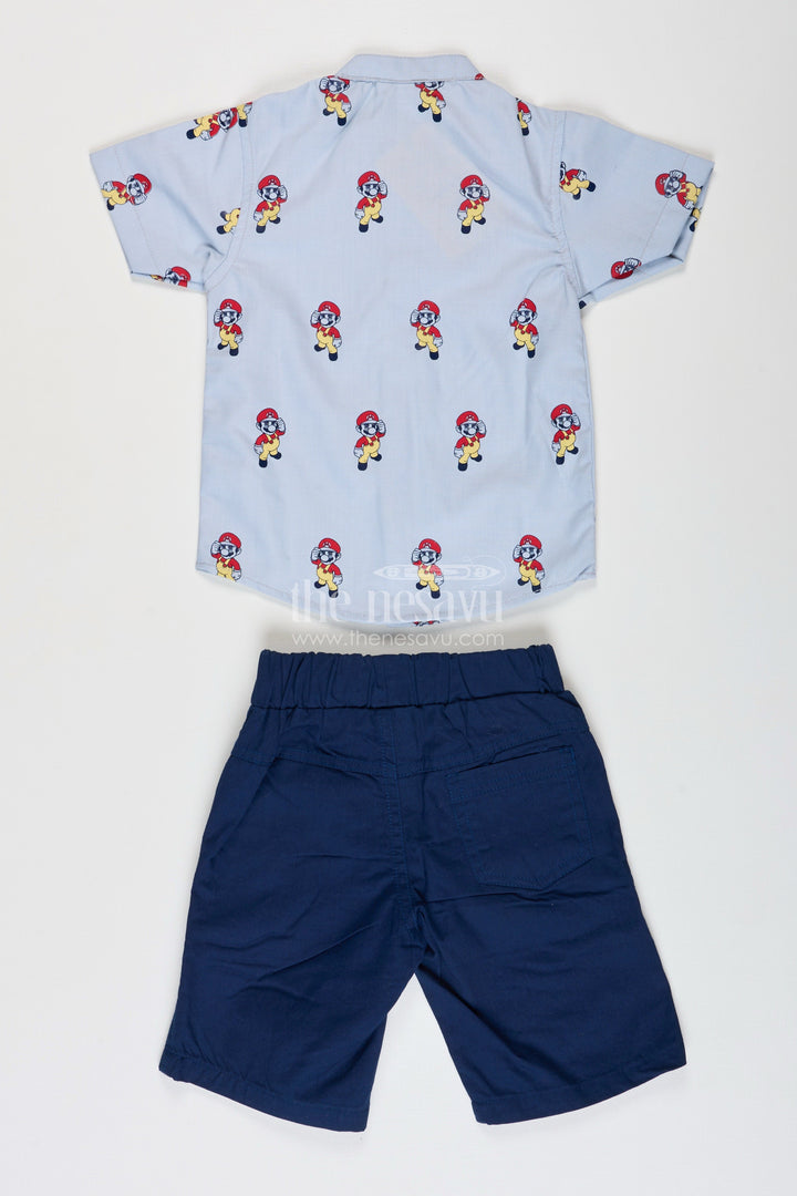 The Nesavu Boys Casual Set Best Casual Attire for Boys with Cartoon Printed Shirt and Navy Cotton Shorts Nesavu Best Casual Attire Boys Cartoon Shirt Navy Shorts Soft Cotton | The Nesavu