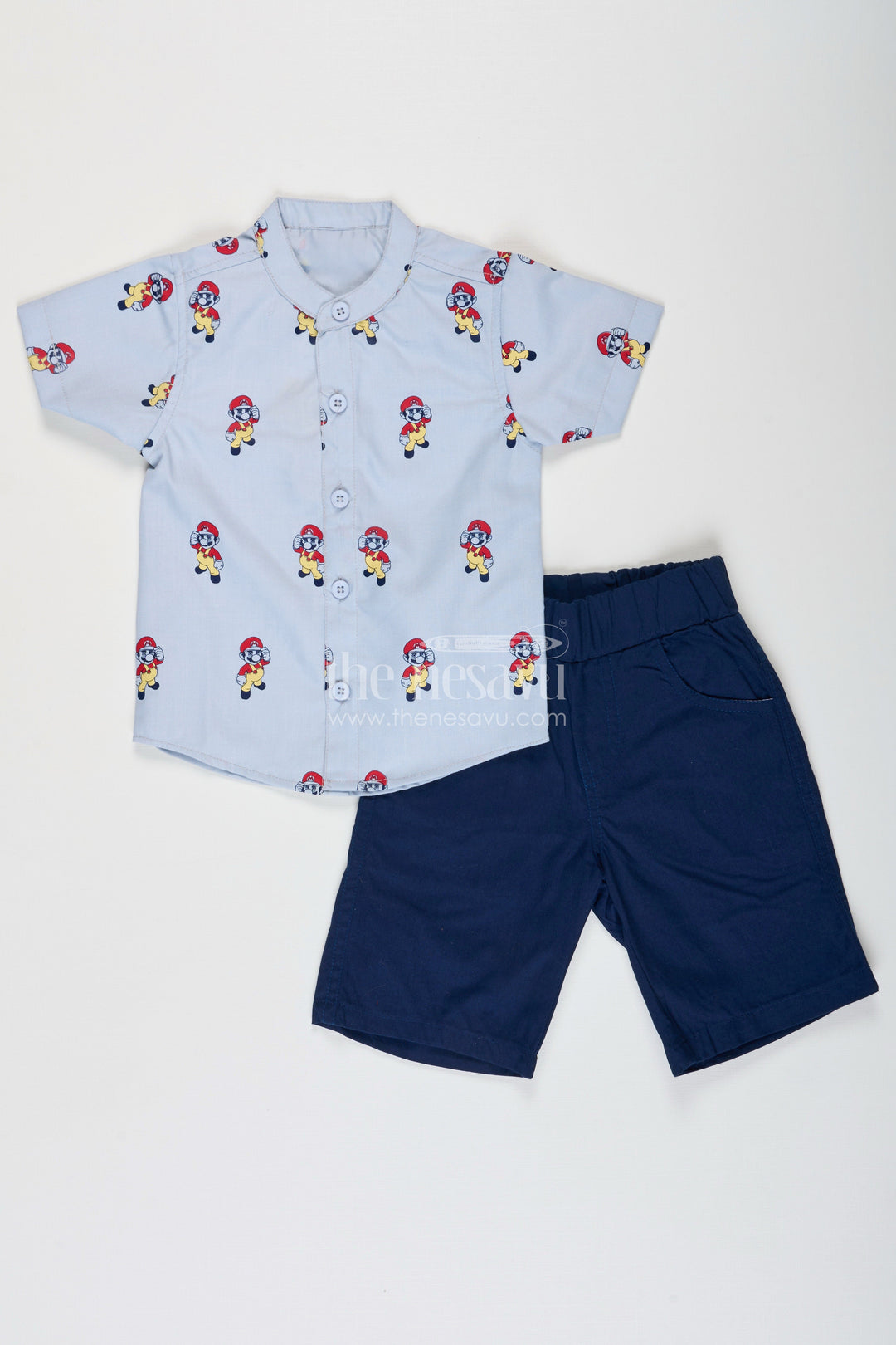 The Nesavu Boys Casual Set Best Casual Attire for Boys with Cartoon Printed Shirt and Navy Cotton Shorts Nesavu Best Casual Attire Boys Cartoon Shirt Navy Shorts Soft Cotton | The Nesavu