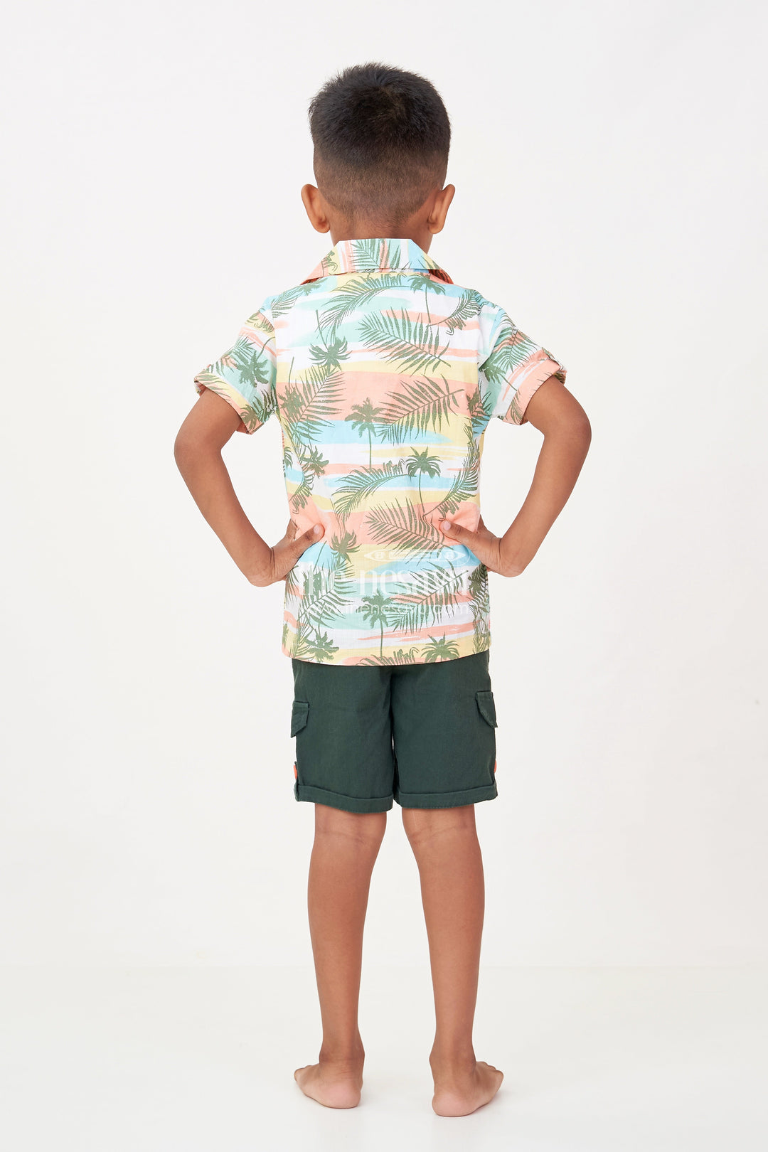 The Nesavu Boys Casual Set Best Casual Clothes Set for Boys with Tropical Printed Shirt, Sleeveless Tee, and Dark Green Shorts Nesavu Best Casual Clothes Set Boys Tropical Shirt Sleeveless Tee Green Cotton Shorts | The Nesavu