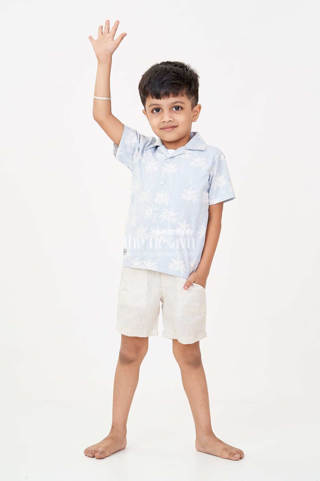 The Nesavu Boys Casual Set Best Casual Outfits for Boys in Cotton with Palm Tree Shirt, Graphic Tee, and Beige Shorts Nesavu 20 (3Y) / Blue BCS252A-20 Best Casual Outfits Boys Palm Print Shirt Graphic Tee Beige Cotton Shorts | The Nesavu