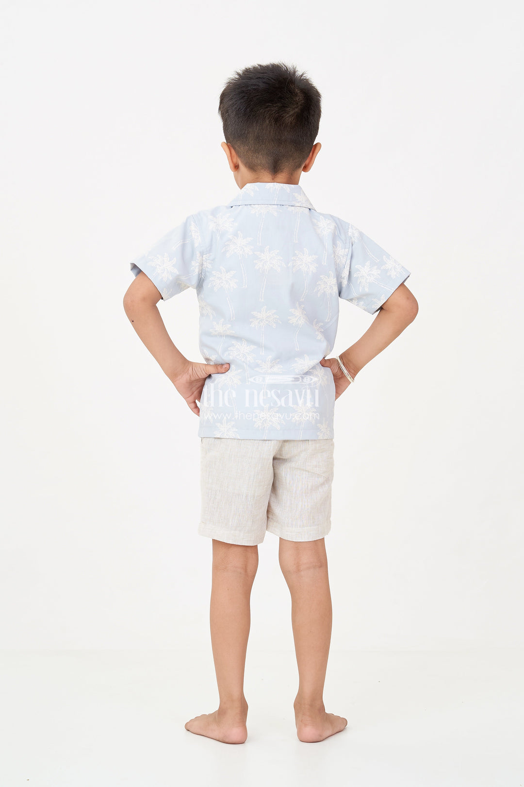 The Nesavu Boys Casual Set Best Casual Outfits for Boys in Cotton with Palm Tree Shirt, Graphic Tee, and Beige Shorts Nesavu Best Casual Outfits Boys Palm Print Shirt Graphic Tee Beige Cotton Shorts | The Nesavu