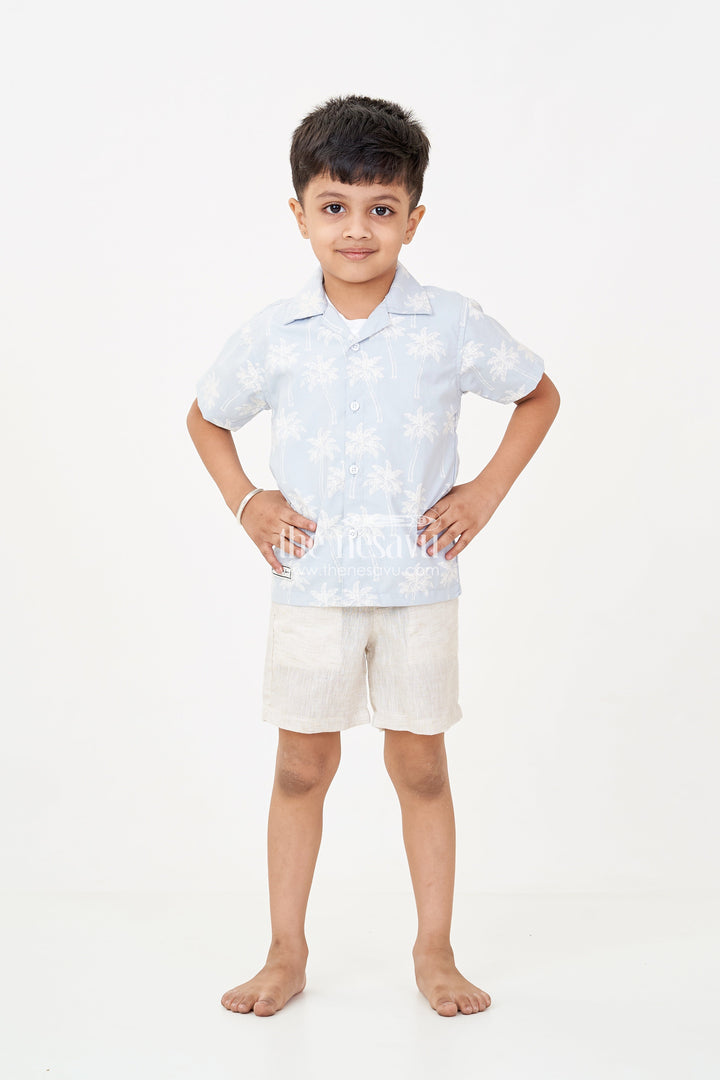 The Nesavu Boys Casual Set Best Casual Outfits for Boys in Cotton with Palm Tree Shirt, Graphic Tee, and Beige Shorts Nesavu Best Casual Outfits Boys Palm Print Shirt Graphic Tee Beige Cotton Shorts | The Nesavu