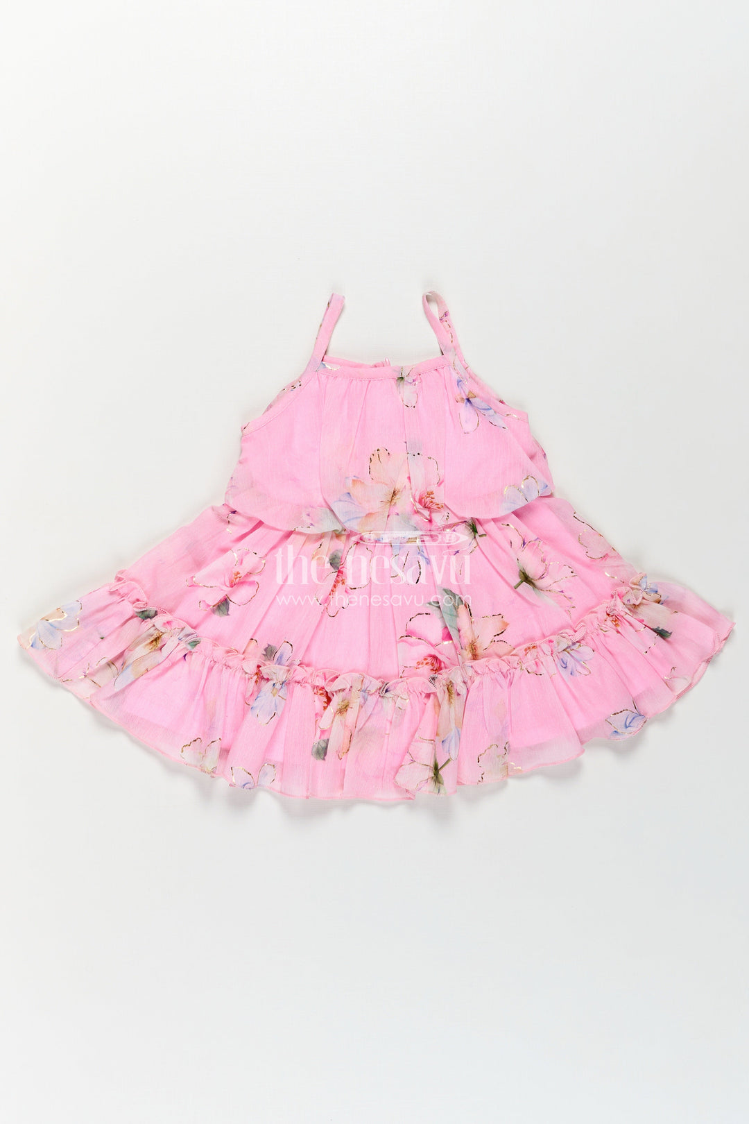 The Nesavu Baby Fancy Frock Best Frock Suit for Baby Girls in Soft Pink Georgette with Floral Prints and Matching Sun Hat Nesavu 14 (6M) / Pink BFJ785A-14 Best Frock Suit Baby Girls Pink Georgette Floral Print Matching Hat | The Nesavu