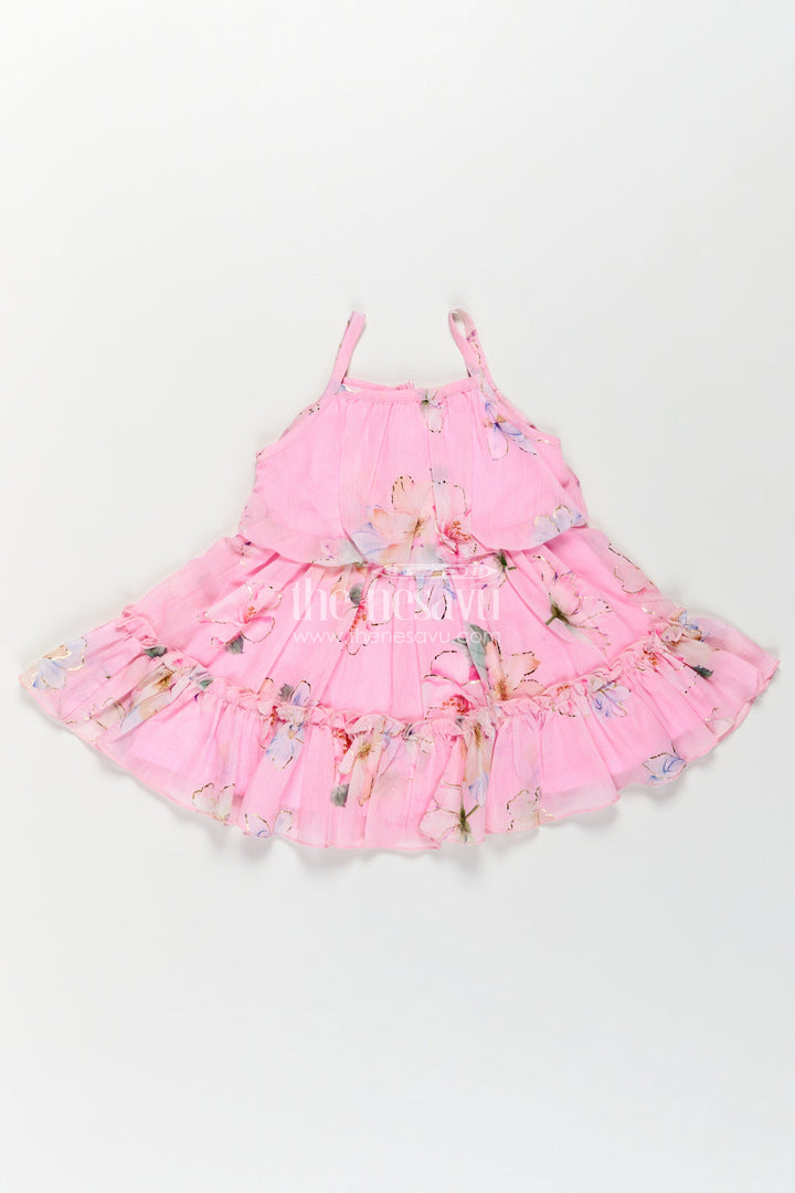 The Nesavu Baby Fancy Frock Best Frock Suit for Baby Girls in Soft Pink Georgette with Floral Prints and Matching Sun Hat Nesavu 14 (6M) / Pink BFJ785A-14 Best Frock Suit Baby Girls Pink Georgette Floral Print Matching Hat | The Nesavu