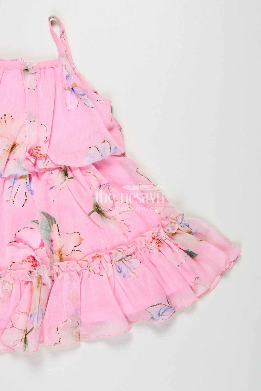 The Nesavu Baby Fancy Frock Best Frock Suit for Baby Girls in Soft Pink Georgette with Floral Prints and Matching Sun Hat Nesavu Best Frock Suit Baby Girls Pink Georgette Floral Print Matching Hat | The Nesavu