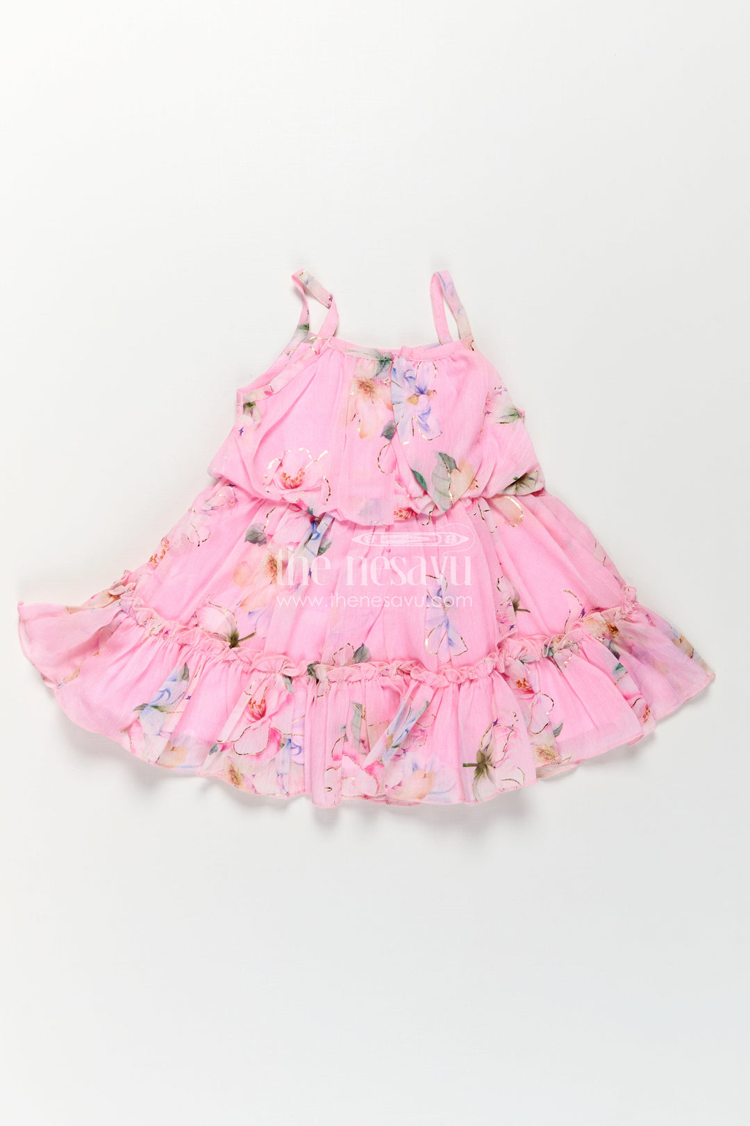 The Nesavu Baby Fancy Frock Best Frock Suit for Baby Girls in Soft Pink Georgette with Floral Prints and Matching Sun Hat Nesavu Best Frock Suit Baby Girls Pink Georgette Floral Print Matching Hat | The Nesavu