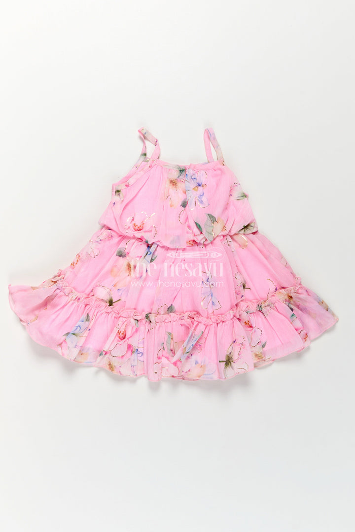 The Nesavu Baby Fancy Frock Best Frock Suit for Baby Girls in Soft Pink Georgette with Floral Prints and Matching Sun Hat Nesavu Best Frock Suit Baby Girls Pink Georgette Floral Print Matching Hat | The Nesavu