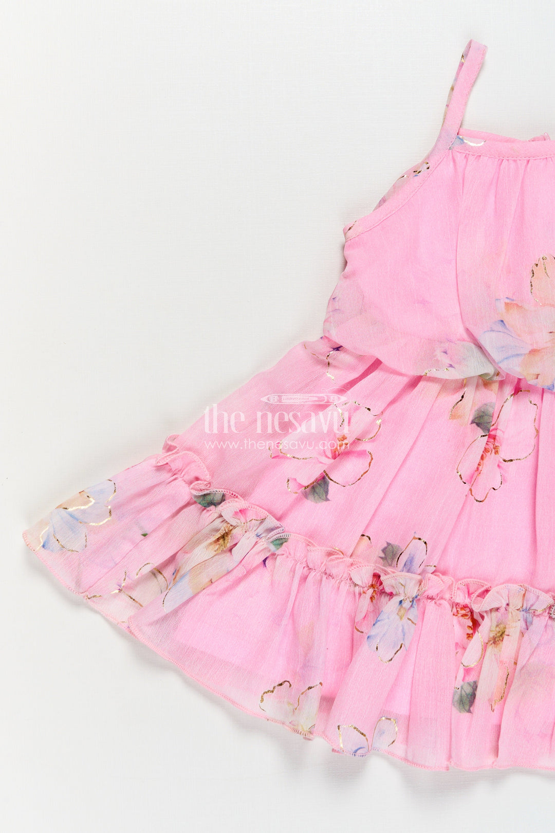 The Nesavu Baby Fancy Frock Best Frock Suit for Baby Girls in Soft Pink Georgette with Floral Prints and Matching Sun Hat Nesavu Best Frock Suit Baby Girls Pink Georgette Floral Print Matching Hat | The Nesavu