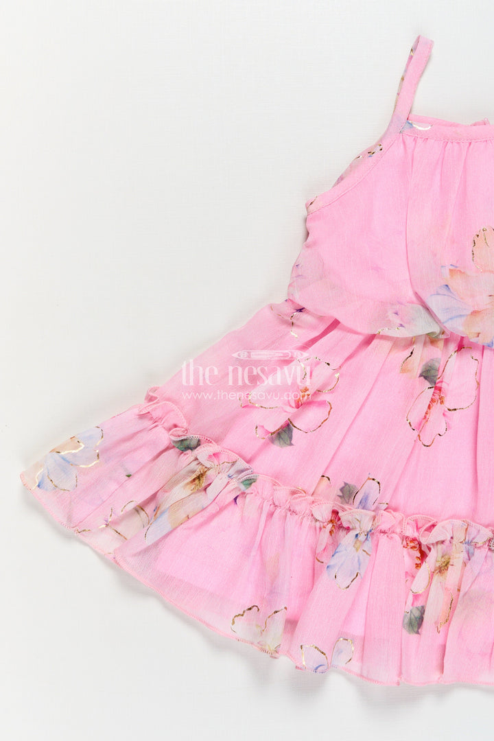 The Nesavu Baby Fancy Frock Best Frock Suit for Baby Girls in Soft Pink Georgette with Floral Prints and Matching Sun Hat Nesavu Best Frock Suit Baby Girls Pink Georgette Floral Print Matching Hat | The Nesavu