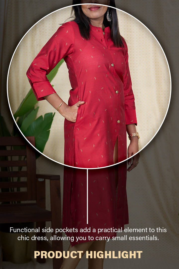 The Nesavu Womens A-Line Kurthas Best Kurta for Womenred Viscose Silk Kurta with Chinese Collar Nesavu Best Kurta for Women - Red Viscose Silk Kurta with Chinese Collar | The Nesavu