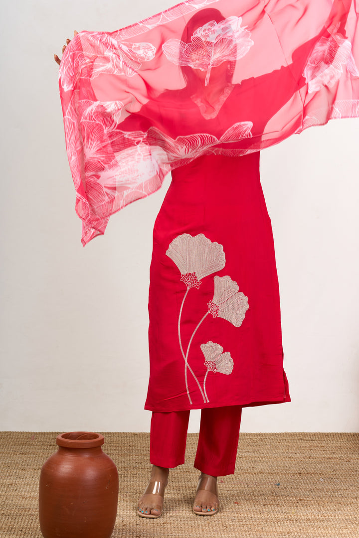 The Nesavu Womens Straight Suit Sets Best Women’S Dresses in Red Blend Silk with Lace Detailing and Floral Dupatta Nesavu Red Blend Silk Best Womens Dresses Lace Detailing Floral Printed Dupatta | The Nesavu