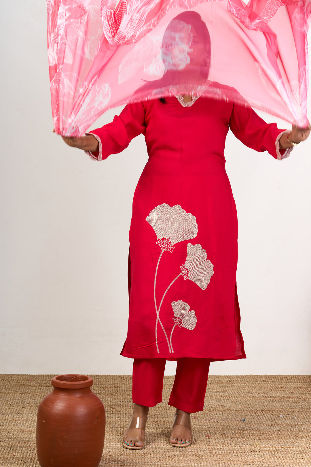 The Nesavu Womens Straight Suit Sets Best Women’S Dresses in Red Blend Silk with Lace Detailing and Floral Dupatta Nesavu Red Blend Silk Best Womens Dresses Lace Detailing Floral Printed Dupatta | The Nesavu