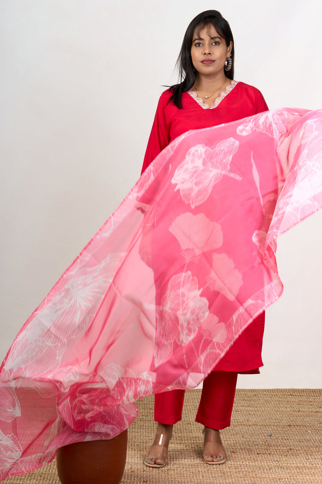 The Nesavu Womens Straight Suit Sets Best Women’S Dresses in Red Blend Silk with Lace Detailing and Floral Dupatta Nesavu Red Blend Silk Best Womens Dresses Lace Detailing Floral Printed Dupatta | The Nesavu