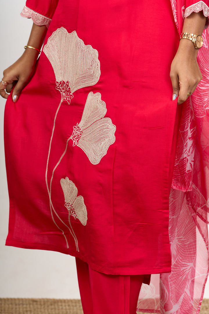 The Nesavu Womens Straight Suit Sets Best Women’S Dresses in Red Blend Silk with Lace Detailing and Floral Dupatta Nesavu Red Blend Silk Best Womens Dresses Lace Detailing Floral Printed Dupatta | The Nesavu