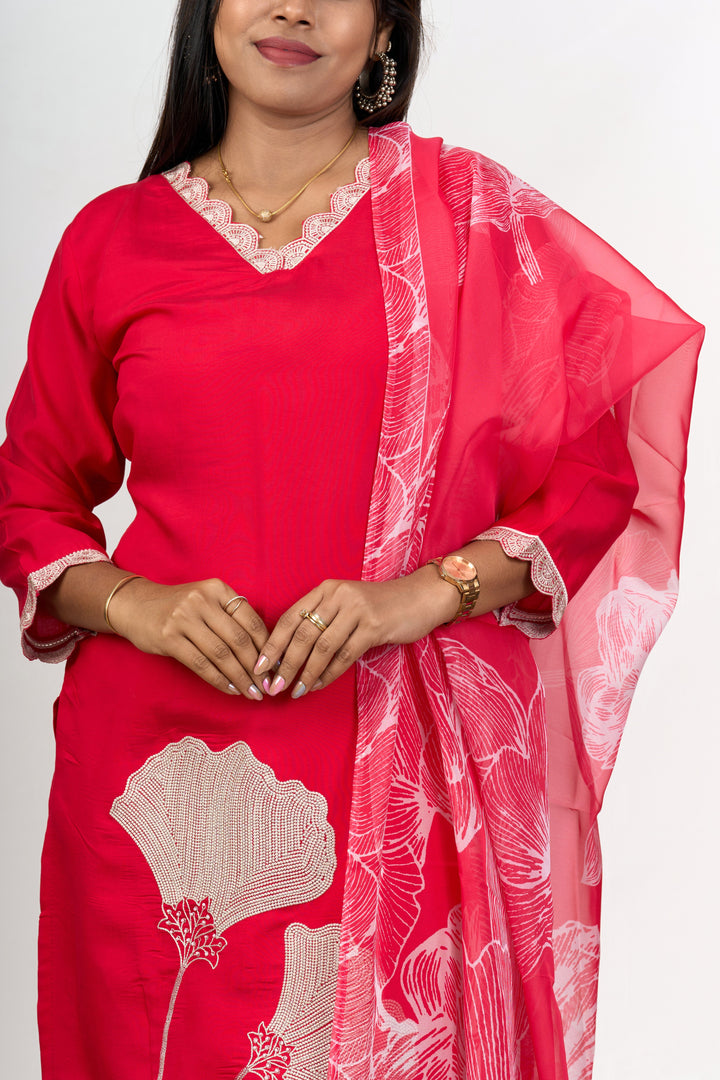 The Nesavu Womens Straight Suit Sets Best Women’S Dresses in Red Blend Silk with Lace Detailing and Floral Dupatta Nesavu Red Blend Silk Best Womens Dresses Lace Detailing Floral Printed Dupatta | The Nesavu