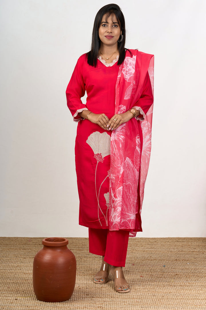 The Nesavu Womens Straight Suit Sets Best Women’S Dresses in Red Blend Silk with Lace Detailing and Floral Dupatta Nesavu Red Blend Silk Best Womens Dresses Lace Detailing Floral Printed Dupatta | The Nesavu