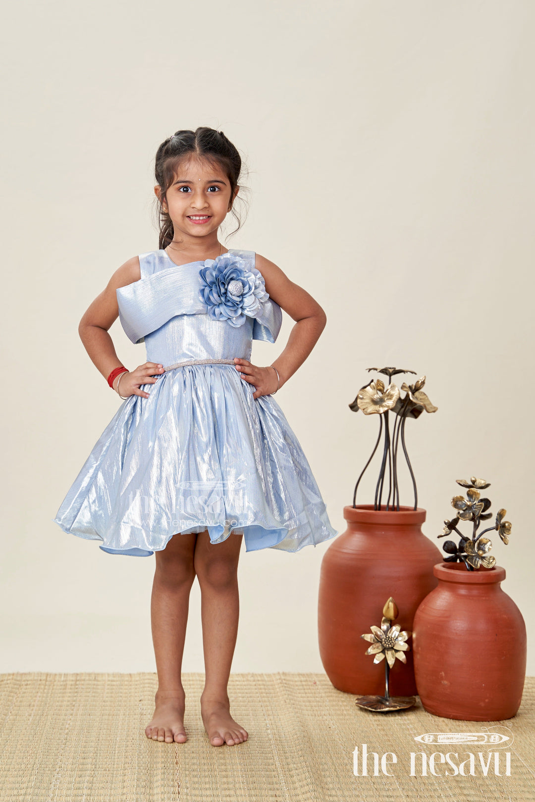 The Nesavu Girls Fancy Party Frock Birthday Frock for Girls with Shimmer Finish and Floral Detailing Nesavu Nesavu girls glaze organza birthday frock floral bow shimmer finish parties
