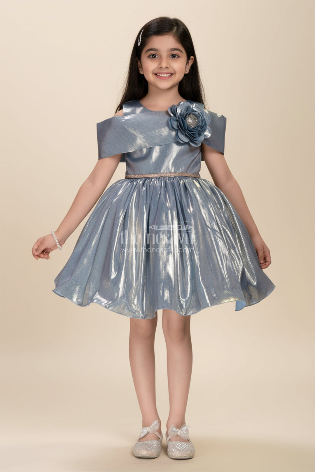 The Nesavu Girls Fancy Party Frock Birthday Frock for Girls with Shimmer Finish and Floral Detailing Nesavu Nesavu girls glaze organza birthday frock floral bow shimmer finish parties