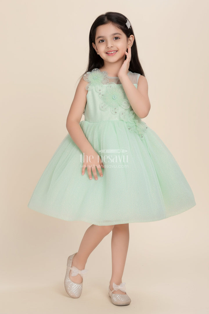 The Nesavu Girls Fancy Party Frock Birthday Party Frock for Girls 3D Floral Appliqué Style Nesavu 16 (1Y) / Green PF231B-16 Nesavu Light Green Girls Birthday Party Frock Floral Appliqu Glitter Tulle Skirt