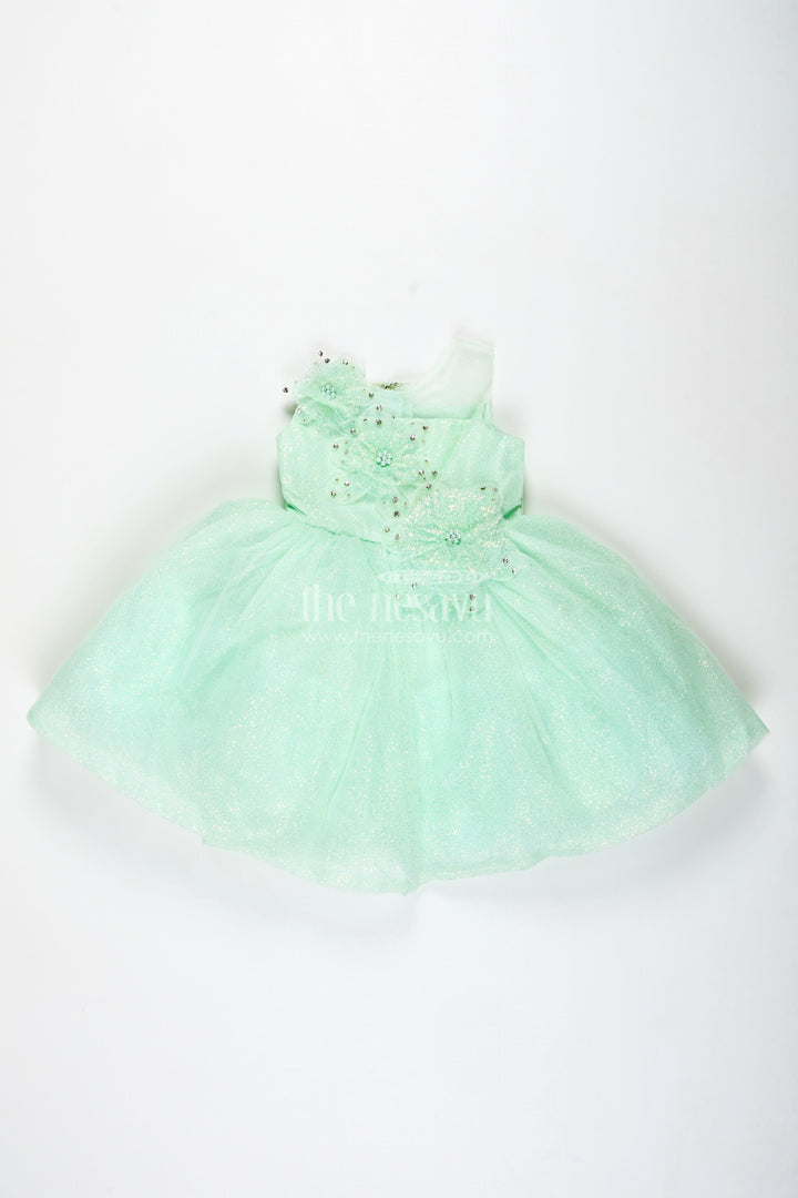 The Nesavu Girls Fancy Party Frock Birthday Party Frock for Girls 3D Floral Appliqué Style Nesavu Nesavu Light Green Girls Birthday Party Frock Floral Appliqu Glitter Tulle Skirt