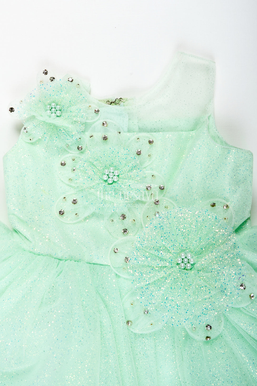 The Nesavu Girls Fancy Party Frock Birthday Party Frock for Girls 3D Floral Appliqué Style Nesavu Nesavu Light Green Girls Birthday Party Frock Floral Appliqu Glitter Tulle Skirt