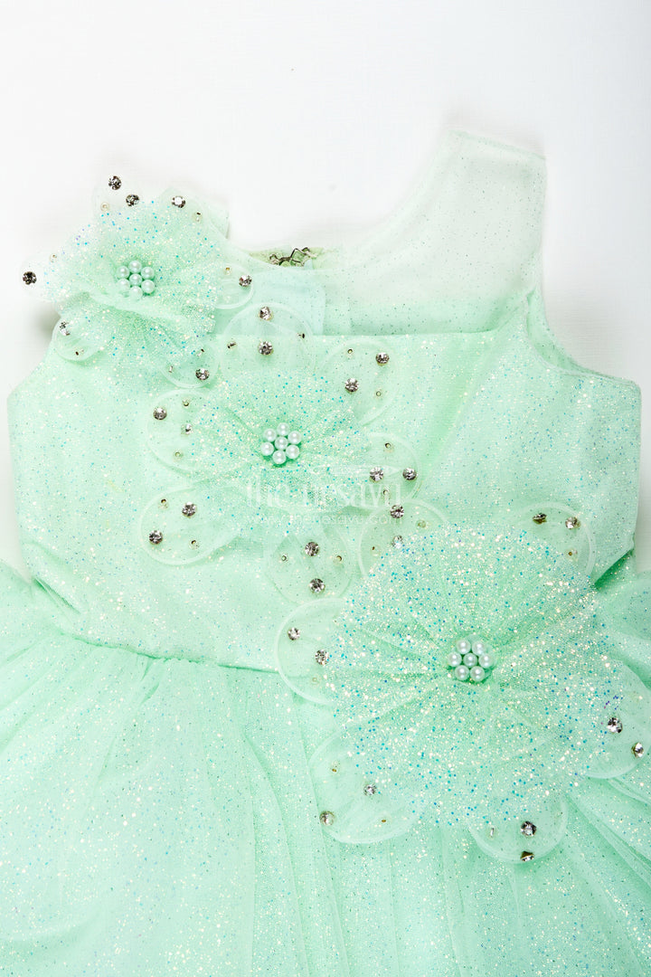 The Nesavu Girls Fancy Party Frock Birthday Party Frock for Girls 3D Floral Appliqué Style Nesavu Nesavu Light Green Girls Birthday Party Frock Floral Appliqu Glitter Tulle Skirt