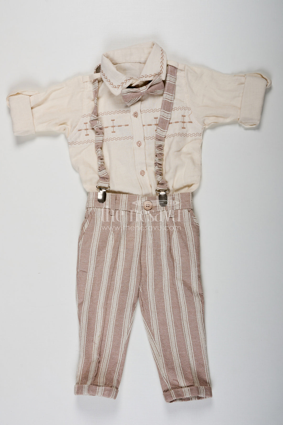 The Nesavu Boys Casual Set Birthday Wear Dress Set for Boys in Muslin Cotton with Thread Embroidery Striped Pants and Matching Cap Nesavu 16 (1Y) / Cream BCS225B-16 Birthday Wear Dress Boys Set with Muslin Cotton Embroidered Shirt Striped Pants and Matching Cap | The Nesavu