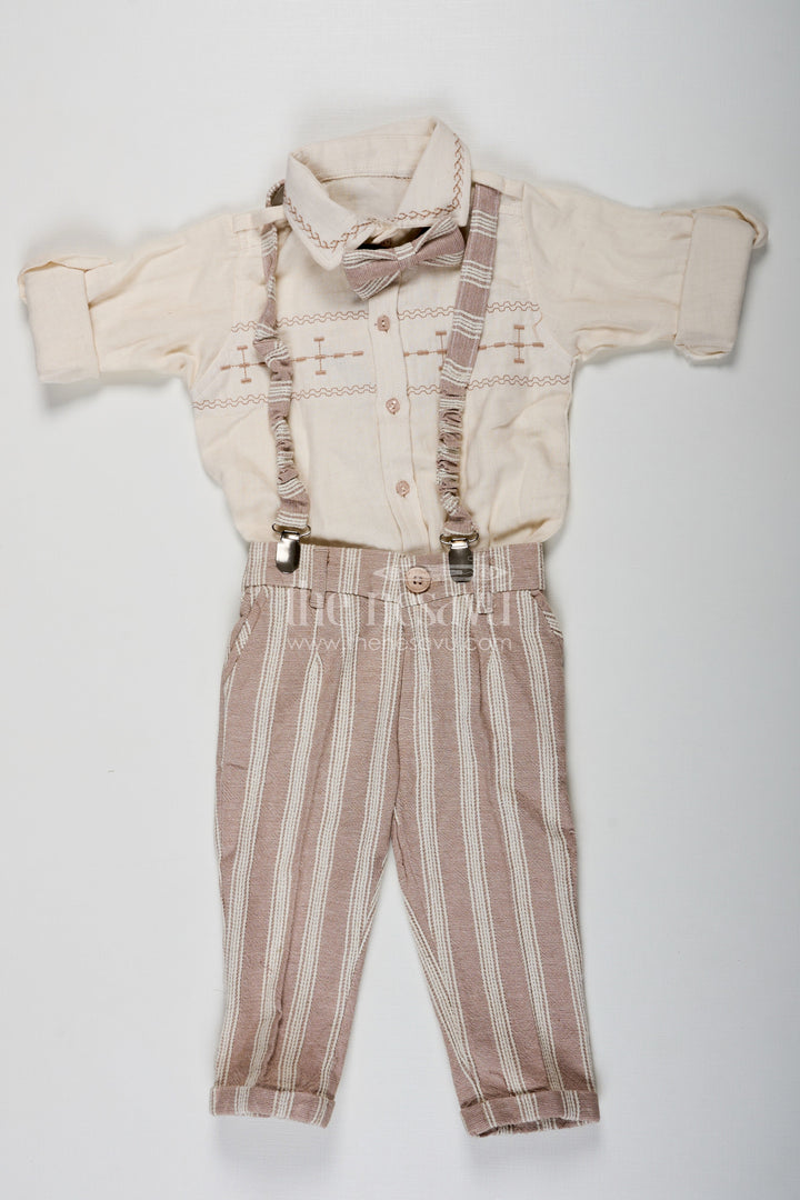 The Nesavu Boys Casual Set Birthday Wear Dress Set for Boys in Muslin Cotton with Thread Embroidery Striped Pants and Matching Cap Nesavu 16 (1Y) / Cream BCS225B-16 Birthday Wear Dress Boys Set with Muslin Cotton Embroidered Shirt Striped Pants and Matching Cap | The Nesavu