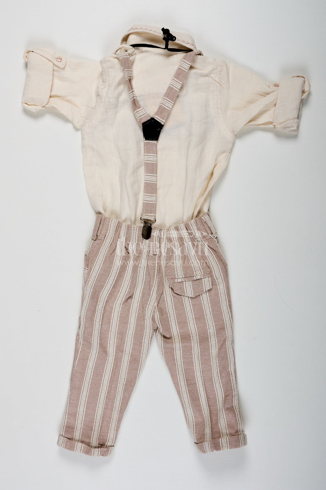 The Nesavu Boys Casual Set Birthday Wear Dress Set for Boys in Muslin Cotton with Thread Embroidery Striped Pants and Matching Cap Nesavu Birthday Wear Dress Boys Set with Muslin Cotton Embroidered Shirt Striped Pants and Matching Cap | The Nesavu