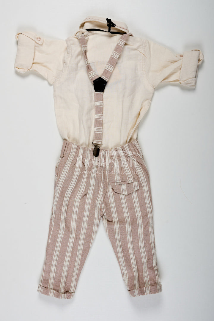 The Nesavu Boys Casual Set Birthday Wear Dress Set for Boys in Muslin Cotton with Thread Embroidery Striped Pants and Matching Cap Nesavu Birthday Wear Dress Boys Set with Muslin Cotton Embroidered Shirt Striped Pants and Matching Cap | The Nesavu