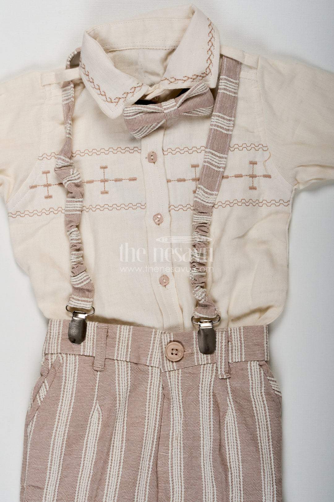 The Nesavu Boys Casual Set Birthday Wear Dress Set for Boys in Muslin Cotton with Thread Embroidery Striped Pants and Matching Cap Nesavu Birthday Wear Dress Boys Set with Muslin Cotton Embroidered Shirt Striped Pants and Matching Cap | The Nesavu