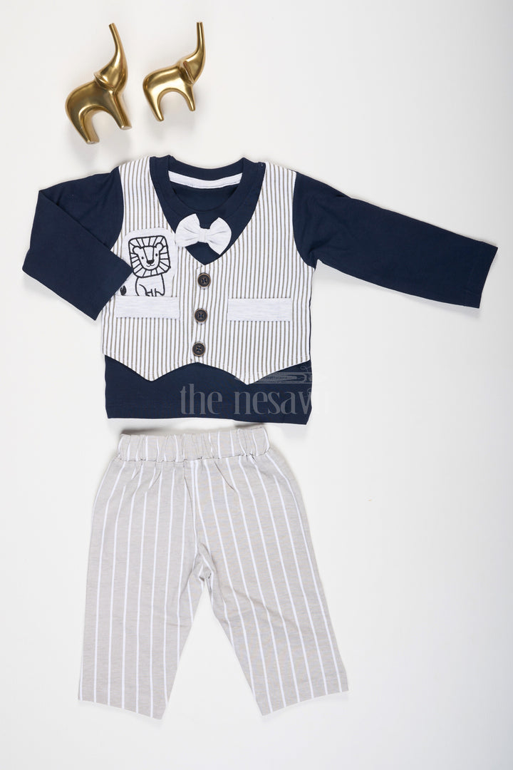 The Nesavu Baby Casual Sets Black and Gray Baby Casual Set with Striped Vest and Lion Patch for Baby Nesavu 12 (3M) / Black BCS144A-12 Black Gray Baby Casual Set Striped Vest Bow Tie Nesavu Baby Stylish Lion Patch Outfit