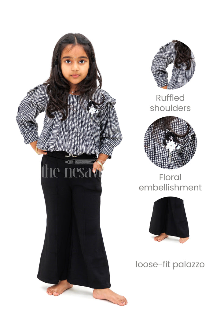 The Nesavu Girls Sharara / Plazo Set Black and Grey Checked IndoWestern Sharara Set for Girls Nesavu Black and Grey Checked Indo-Western Sharara Set for Girls - Nesavu