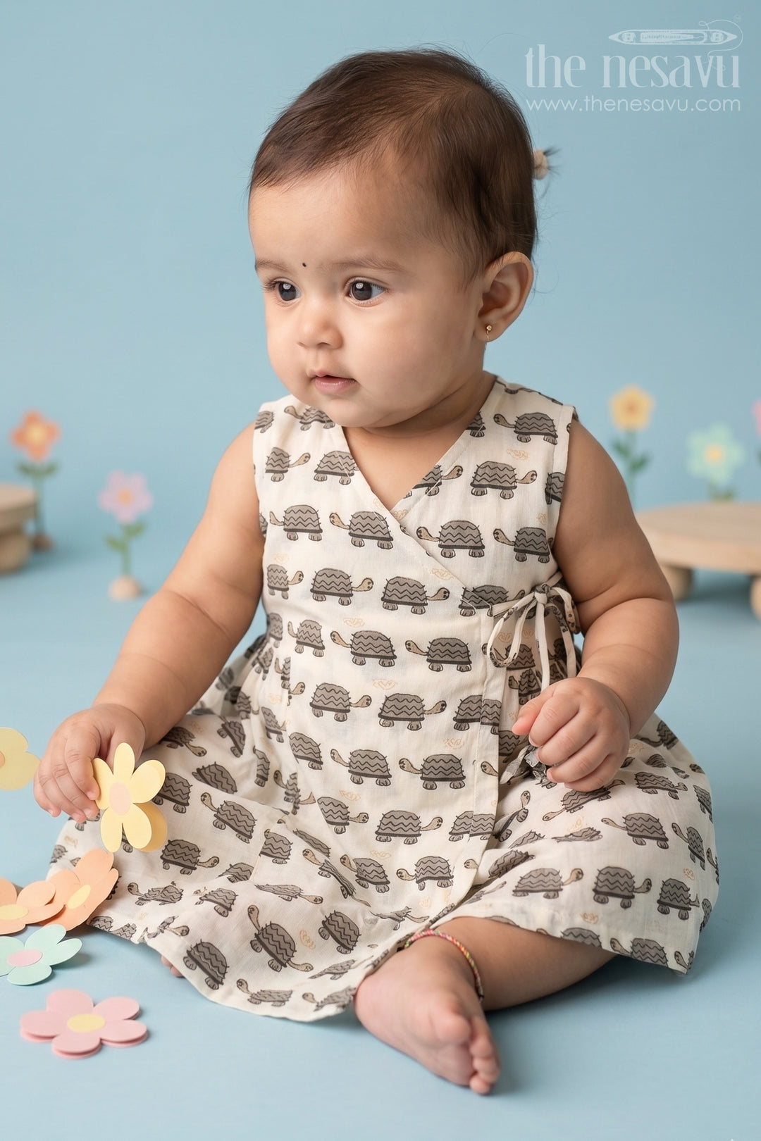 The Nesavu Baby Cotton Frocks Black and White Cotton Baby Frock with Tortoise Print Simple and Stylish Everyday Wear Nesavu 10 (NB) / Black BFJ686D-10 Nesavu Black White Cotton Baby Frock Tortoise Print Stylish Comfortable Everyday Outfit