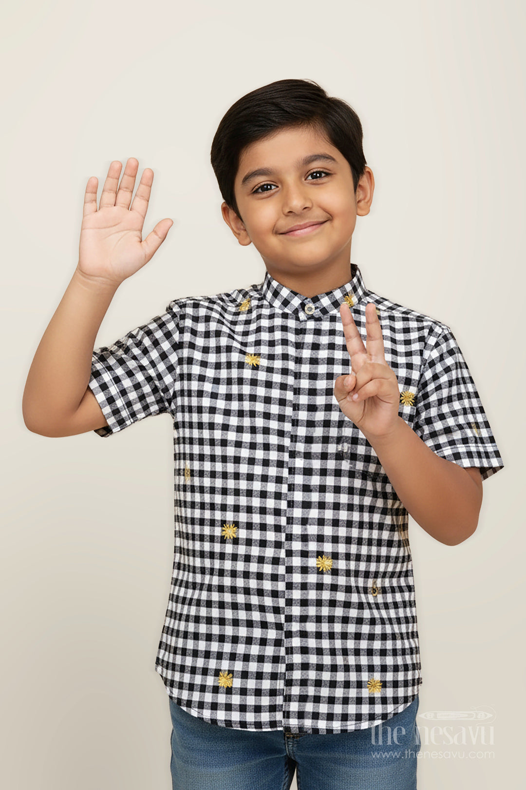 The Nesavu Boys Cotton Shirt Black and White Printed Shirt for Boys in Cotton with Embroidered Yellow Flowers and Gingham Checks Nesavu 16 (1Y) / Black BS282A-16 Nesavu Black White Printed Shirt Boys Cotton Gingham Checks Floral Thread Embroidery